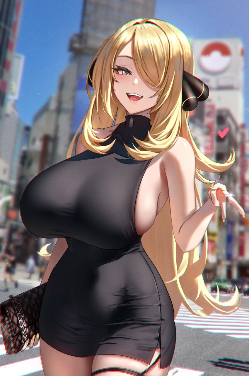 1girl :d absurdres alternate_breast_size anima_(togashi) bag black_dress blonde_hair blue_sky blurry blurry_background breasts car clutch_purse covered_navel cynthia_(pokemon) dress grey_eyes gyaru_v hair_ornament hair_over_one_eye handbag heart highres holding holding_bag huge_breasts impossible_clothes impossible_dress light_particles long_hair looking_at_viewer motor_vehicle nail_polish nintendo open_mouth outdoors people pokemon pokemon_dppt road short_dress skindentation sky smile solo street taut_clothes taut_dress thighs turtleneck turtleneck_dress v very_long_hair