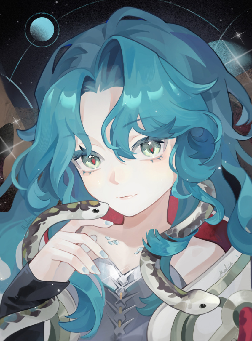 1girl absurdres bare_shoulders black_background blue_hair closed_mouth dress fang fang_out green_eyes grey_dress hand_up highres hissabeth jacket long_hair looking_at_viewer red_pupils reverse:1999 scales sishi_malus skin_fang slit_pupils smile snake snake_on_head snake_wrapped_around_arm solo sparkle upper_body white_jacket