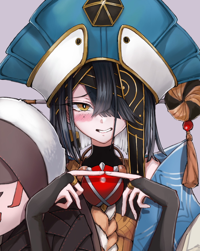 1girl absurdres black_hair blush bridal_gauntlets character_doll doll fate/grand_order fate_(series) fingernails ginshima_jill hair_over_one_eye hat highres lady_yu_doll mole mole_under_eye smile twiddling_fingers upper_body xu_fu_(fate) xu_fu_(first_ascension)_(fate) yellow_eyes