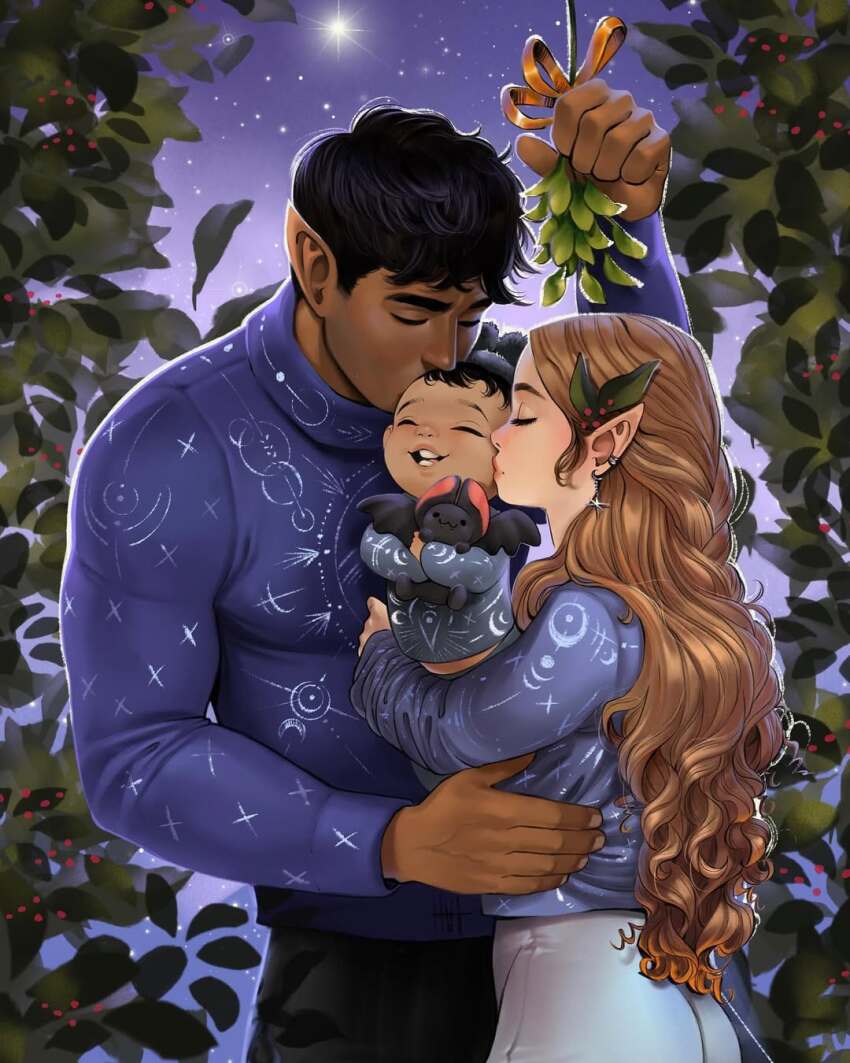 a_court_of_thorns_and_roses_(series) baby black_hair blue_shirt brown_hair carrying_baby carrying_person closed_eyes couple earrings feyre_archeron foliage happy highres holding holding_mistletoe jewelry kiss kissing_cheek kissing_forehead leaf long_hair long_sleeves mistletoe night night_sky nyx_(acotar) plant pointy_ears profile rhysand_(acotar) ruisfree shirt sky smile star_(sky) stuffed_animal stuffed_toy very_long_hair