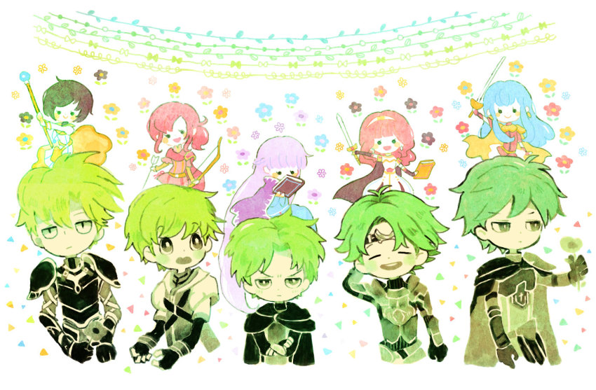 5girls absurdly_long_hair ahoge alm_(fire_emblem) aran_(fire_emblem) armor arrow_(projectile) blush blush_stickers book bow breastplate brother_and_sister brown_hair cape celica_(fire_emblem) chibi circlet cloak closed_eyes couple crossed_arms dress earrings eirika_(fire_emblem) ephraim_(fire_emblem) expressionless fire_emblem fire_emblem:_mystery_of_the_emblem fire_emblem:_new_mystery_of_the_emblem fire_emblem:_radiant_dawn fire_emblem:_shadow_dragon fire_emblem:_the_binding_blade fire_emblem:_the_sacred_stones fire_emblem_echoes:_shadows_of_valentia floral_background flower frown gordin_(fire_emblem) greaves green_hair hairband hand_on_own_head headband hetero jewelry kappaman laura_(fire_emblem) light_purple_hair long_hair multiple_girls nintendo norne_(fire_emblem) open_mouth pink_hair quiver raigh_(fire_emblem) robe short_hair siblings smile sophia_(fire_emblem) staff sword upper_body very_long_hair weapon