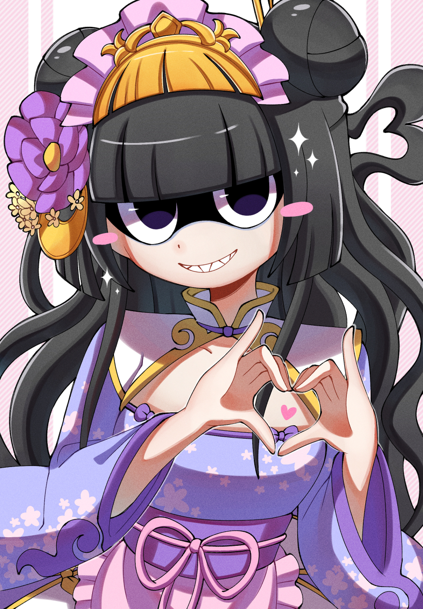 1girl black_eyes black_hair blush_stickers flower grin hair_flower hair_ornament heart heart_hands heart_in_heart_hands highres long_hair looking_at_viewer noroino_hanako pipiko. smile solo youkai_(youkai_watch) youkai_watch youkai_watch_2