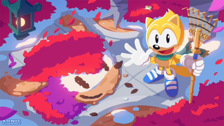 1boy autumn autumn_leaves blue_footwear commentary_request froggy_(sonic) gloves green_scarf lantern leaf looking_at_viewer male_focus mighty_the_armadillo official_art open_mouth outdoors rake ray_the_flying_squirrel scarf smile sonic_(series) sonic_mania sonic_the_hedgehog_(classic) squirrel_tail standing tail tree uno_yuuji white_gloves yellow_fur