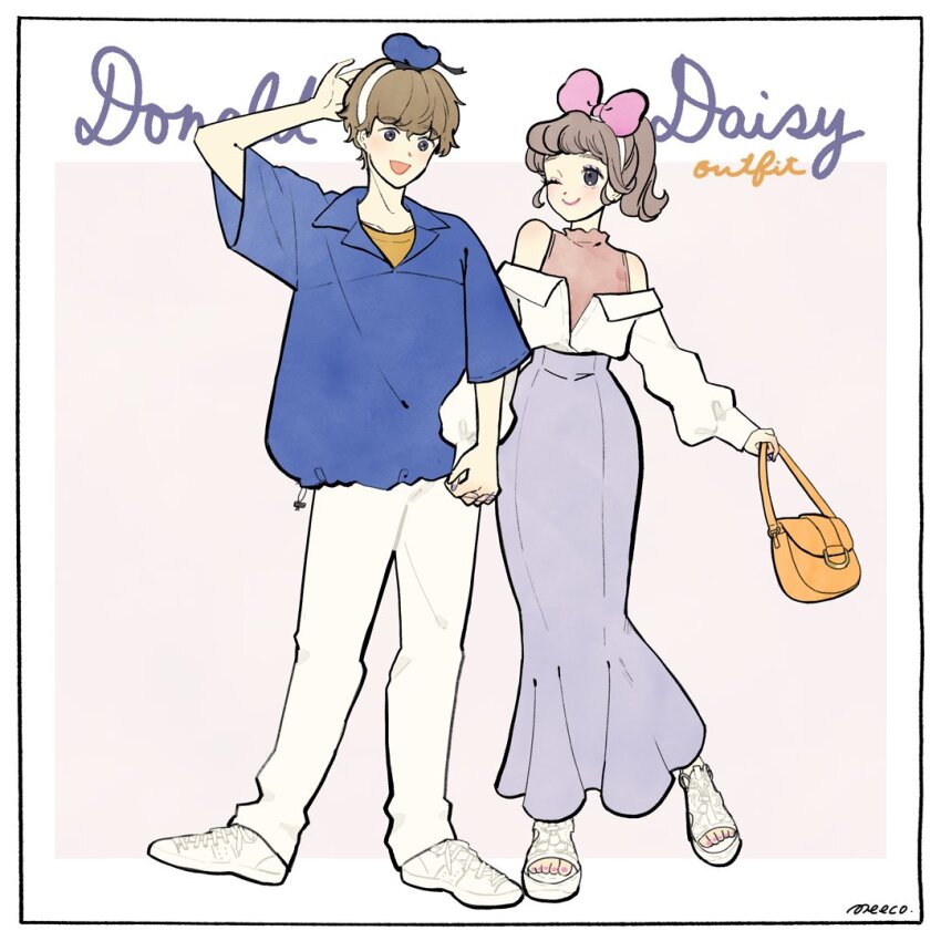 1boy 1girl alternate_hair_color brown_hair character_name daisy_duck donald_duck hat humanization looking_at_viewer meecosme mickey_mouse_&amp;_friends open_mouth pants ponytail sandals shirt shoes short_hair short_ponytail skirt sleeveless sleeveless_shirt smile