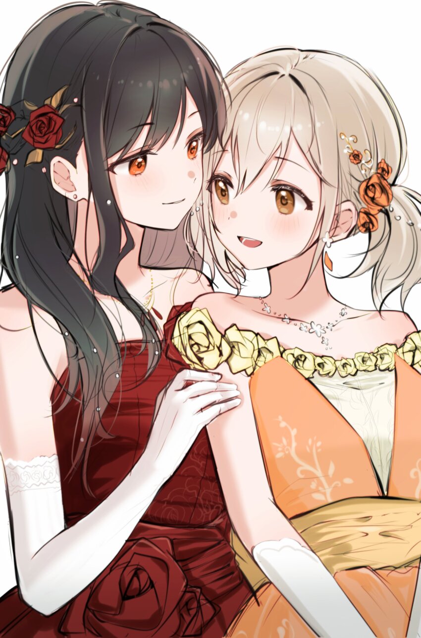 2girls absurdres animal_ears azusawa_kohane bare_shoulders black_hair brown_hair commentary dress elbow_gloves english_commentary flower gloves hair_flower hair_ornament hand_on_another&#039;s_arm highres jewelry l0hann1 long_hair multiple_girls necklace off-shoulder_dress off_shoulder open_mouth orange_dress orange_eyes orange_flower parted_lips project_sekai red_dress red_flower shiraishi_an short_twintails simple_background smile strapless strapless_dress twintails white_background white_gloves wife_and_wife yuri