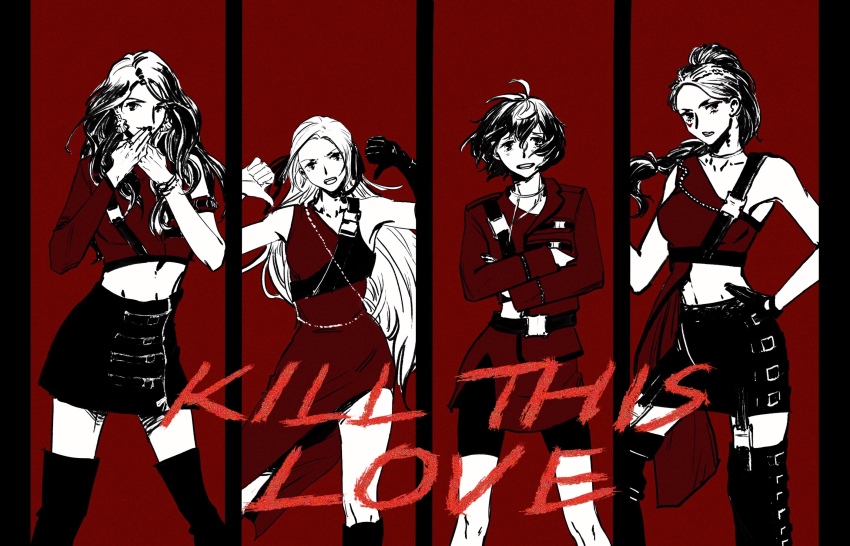 4girls alternate_costume asymmetrical_dress belt bernadetta_von_varley boots breasts chaaa_(chabing_05410) choker commentary_request covering_own_mouth crop_top crossed_arms dorothea_arnault dress edelgard_von_hresvelg english_text feet_out_of_frame fire_emblem fire_emblem:_three_houses gloves hair_between_eyes high_ponytail highres long_hair long_sleeves looking_at_viewer medium_breasts midriff monochrome multiple_girls nintendo open_mouth petra_macneary ponytail red_theme short_hair simple_background skirt sleeveless standing thighhighs zettai_ryouiki
