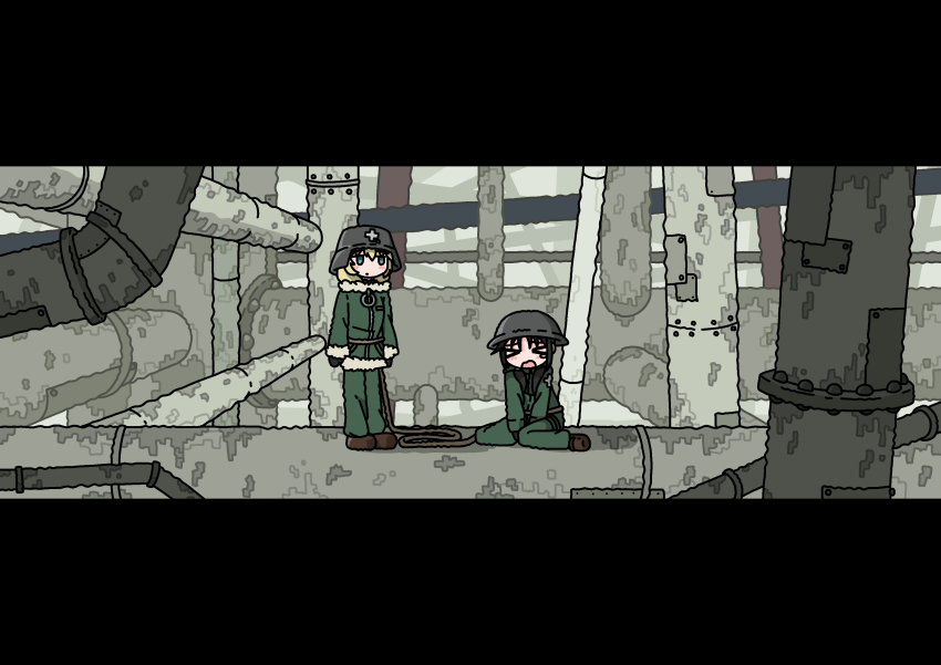 &gt;_&lt; 2girls absurdres black_hair blonde_hair brown_shoes chito_(shoujo_shuumatsu_ryokou) combat_helmet emesan_desu fur-trimmed_jacket fur_trim green_jacket green_pants helmet highres industrial_pipe jacket letterboxed long_sleeves multiple_girls open_mouth pants rope shoes shoujo_shuumatsu_ryokou sitting standing wide_shot yuuri_(shoujo_shuumatsu_ryokou)
