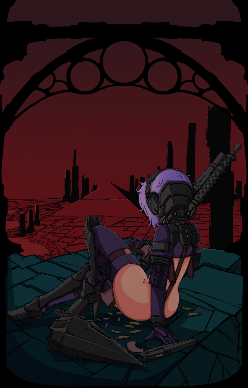 1girl arm_pouch arm_strap armor ass assault_rifle boots building bullet city cityscape crop_top crotch_strap doekuramori female_focus full_body gloves greaves gun handgun helmet high_heel_boots high_heels holding holding_gun holding_rifle holding_weapon knee_up leaning_back martyr_(the_citadel) official_art pistol pouch purple_gloves purple_hair purple_shirt purple_thighhighs pyramid_(structure) red_sky rifle shirt sitting sky skyscraper solo solo_focus the_citadel thigh_pouch thigh_strap thighhighs unworn_headwear unworn_helmet weapon
