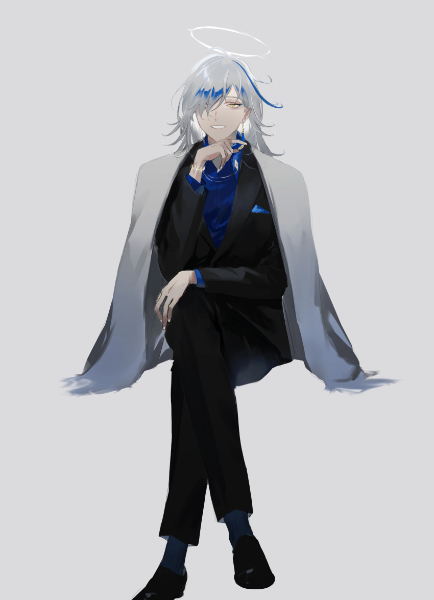 1boy absurdres bad_id bad_pixiv_id black_footwear black_jacket black_pants blue_hair blue_shirt box_tenshi bracelet crossed_legs earrings full_body grey_background grey_hair hair_between_eyes hair_over_one_eye halo highres inverted_nipples jacket jacket_on_shoulders jewelry long_sleeves male_focus multicolored_hair nijisanji nijisanji_en pants shirt simple_background single_earring sitting solo umenoume virtual_youtuber vox_akuma yellow_eyes