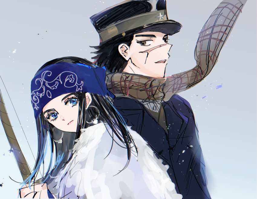 1boy 1girl absurdres ainu ainu_clothes asirpa bandana black_hair blue_eyes bow_(weapon) earrings facial_scar golden_kamuy hat headband helen_(helen2210hk) highres hoop_earrings jewelry kepi long_hair looking_at_viewer male_focus military_hat scar scar_on_cheek scar_on_face scar_on_nose scarf short_hair sideburns simple_background sugimoto_saichi weapon