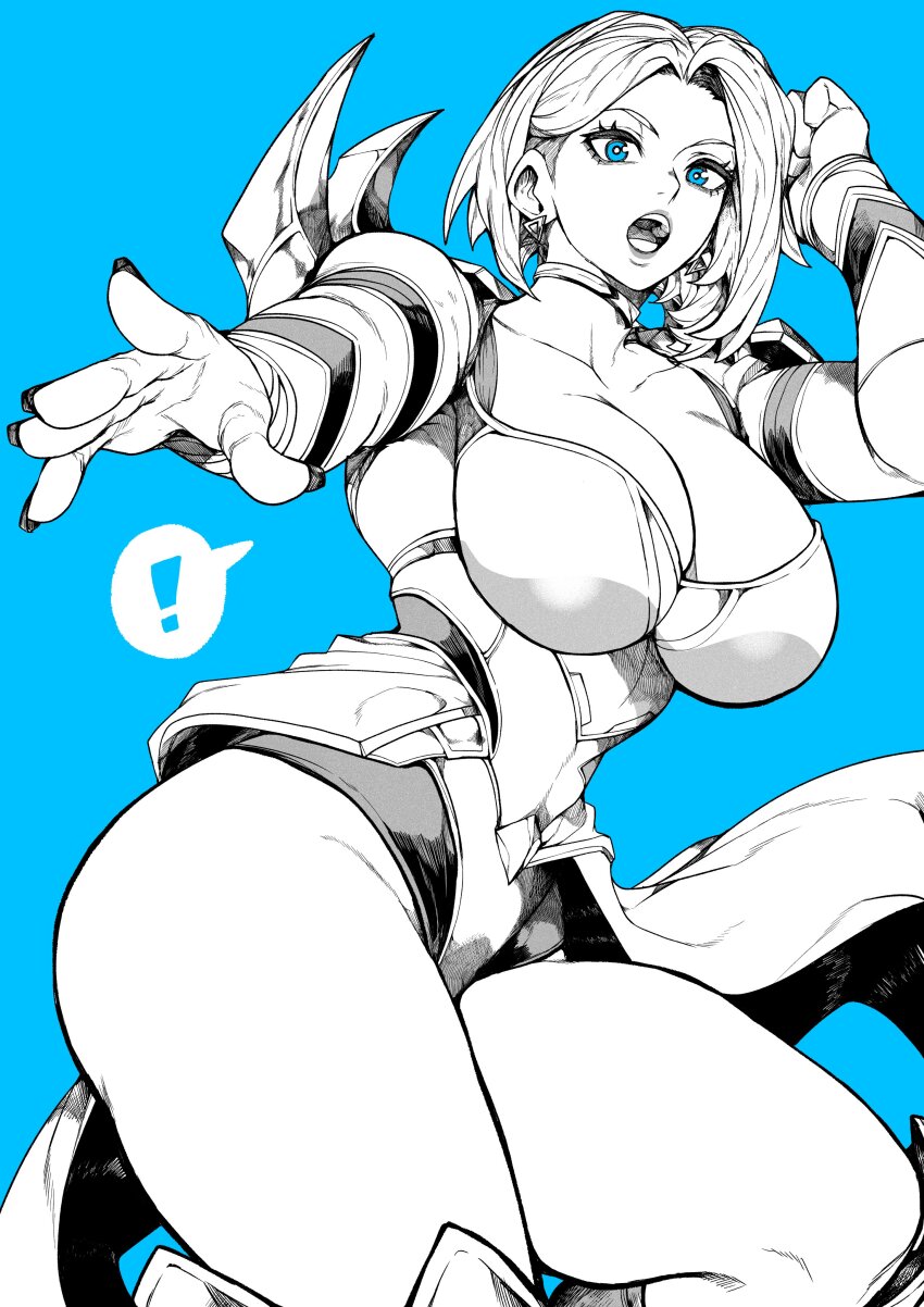 ! 1girl absurdres blue_background blue_eyes breasts cleavage clenched_hand dress earrings emma_frost hand_in_own_hair highres jewelry looking_at_viewer marvel marvel_rivals open_mouth short_hair thighs triangle_earrings yotsumi_shiro
