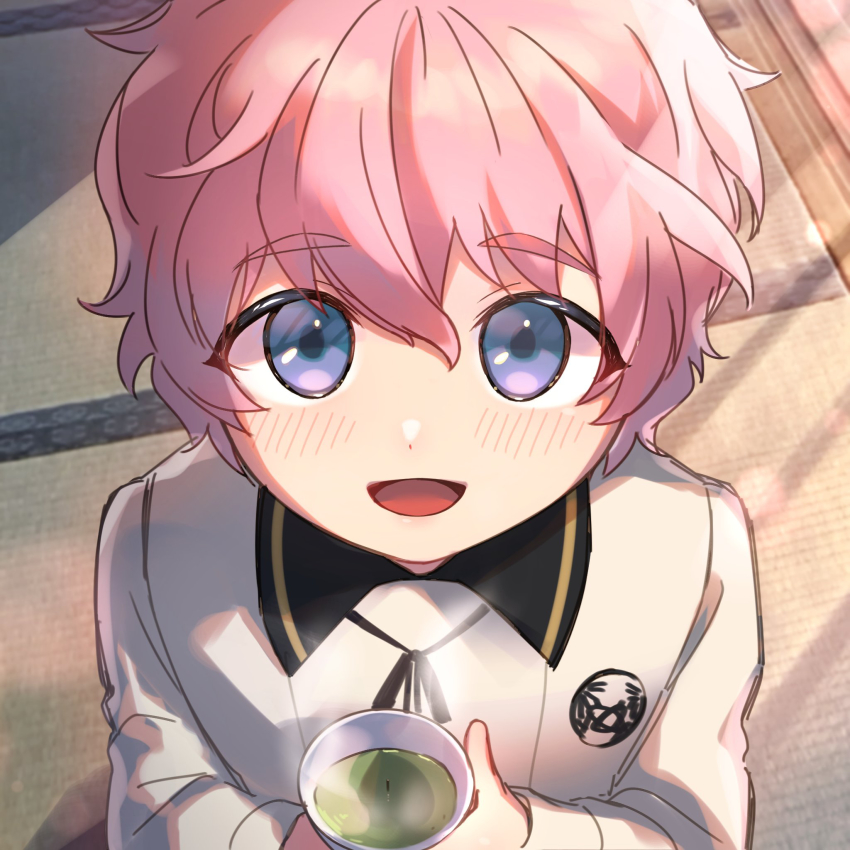 1boy akita_toushirou bad_id bad_pixiv_id blue_eyes blush child cup from_below green_tea highres looking_at_viewer looking_up male_focus onota_(fkdx2243) open_mouth pink_hair solo tea touken_ranbu wavy_hair