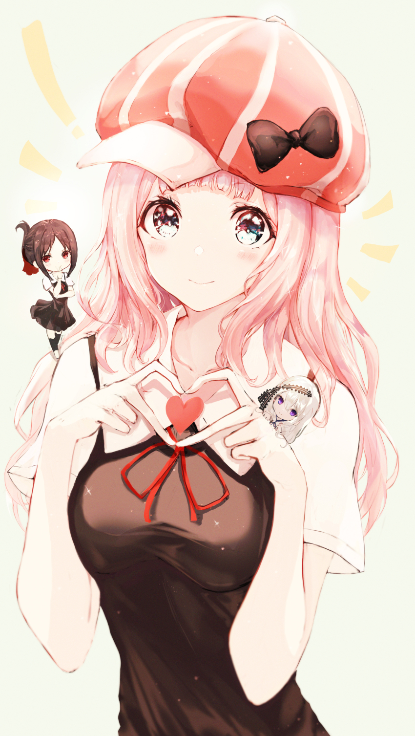 3girls absurdres black_bow black_dress blue_eyes blunt_bangs blush bow breasts cabbie_hat chikattochikachika_(kaguya-sama_wa_kokurasetai) closed_mouth collar collared_shirt commentary_request dress finger_heart fujiwara_chika hat hat_bow highres kaguya-sama_wa_kokurasetai_~tensai-tachi_no_renai_zunousen~ large_breasts long_hair looking_at_viewer multiple_girls neck_ribbon pinafore_dress pink_hair qazqaz378 red_headwear red_ribbon ribbon school_uniform shinomiya_kaguya shirogane_kei shirt shuuchiin_academy_school_uniform sleeveless sleeveless_dress smile upper_body white_collar white_shirt