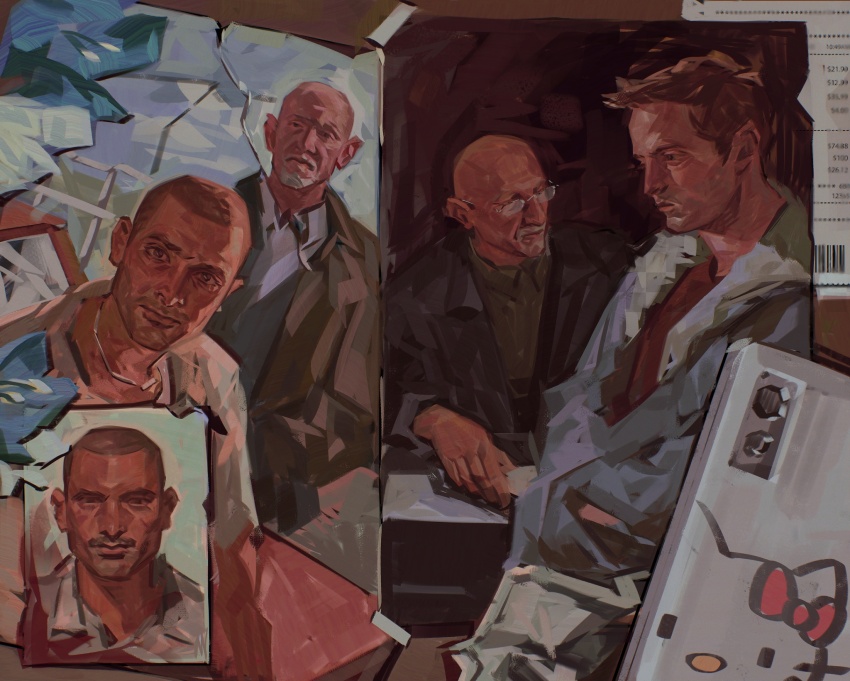3boys bald better_call_saul black_jacket blood breaking_bad facial_hair glasses highres jacket jesse_pinkman mike_ehrmantraut multiple_boys nacho_varga old old_man phone photo_(object) photo_background sunnnliwx white_beard white_facial_hair