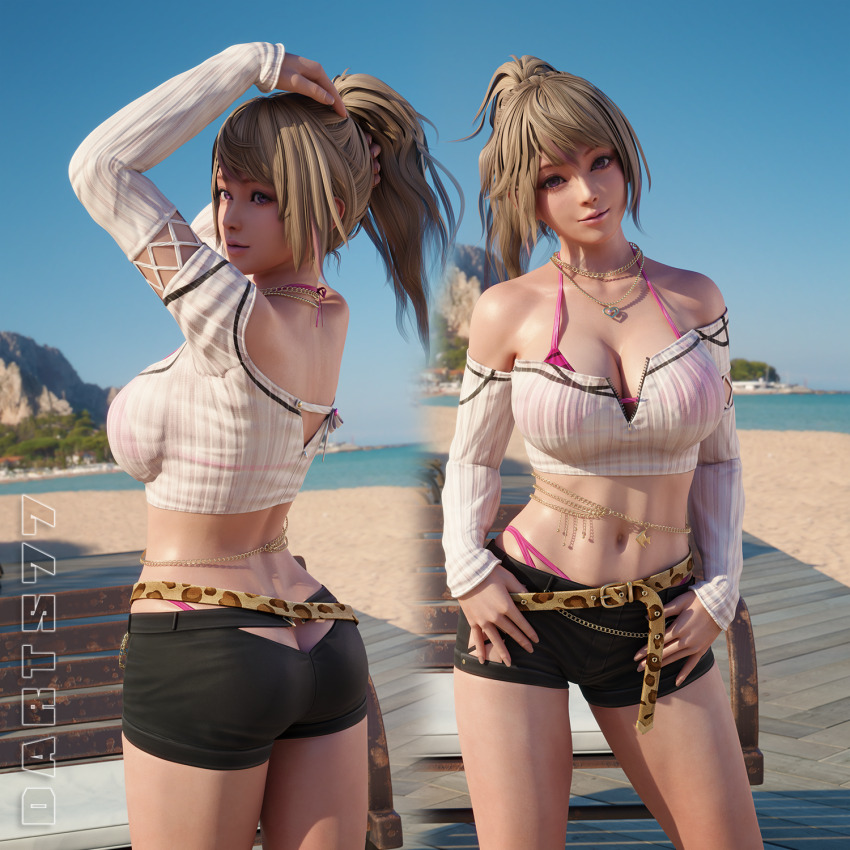 1girl 3d ass bare_shoulders beach bench bikini blonde_hair breasts brown_eyes chain darts77 dead_or_alive dead_or_alive_xtreme dead_or_alive_xtreme_venus_vacation from_below gold_necklace gyaru highres jewelry large_breasts looking_at_viewer looking_back multiple_views navel necklace smile solo standing swimsuit yukino_(doa)