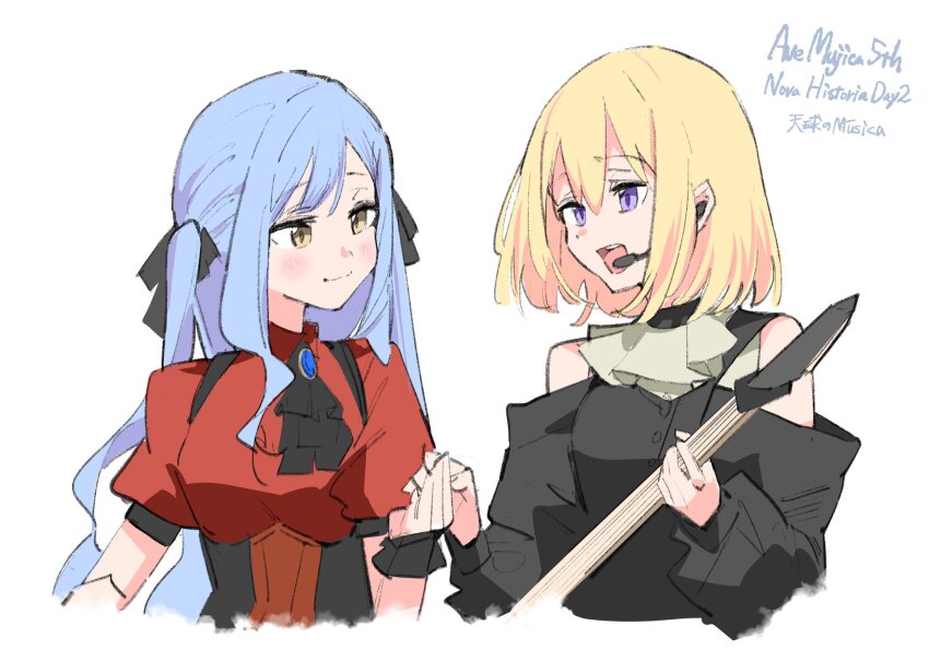 2girls ascot bang_dream! bang_dream!_it&#039;s_mygo!!!!! black_ascot black_dress black_ribbon blonde_hair blue_hair brooch chiriejjiyo clothing_cutout commentary doloris_(bang_dream!) dress hair_ribbon highres holding_hands jewelry long_hair medium_hair microphone misumi_uika multiple_girls oblivionis_(bang_dream!) open_mouth purple_eyes red_shirt ribbon shirt shoulder_cutout sidelocks teeth togawa_sakiko upper_teeth_only yellow_eyes yuri