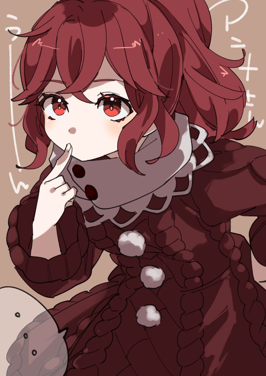 1girl anna_(fire_emblem) commentary_request finger_to_face fire_emblem fire_emblem_engage high_ponytail highres illust_mi looking_at_viewer nintendo ponytail red_eyes red_hair solo translation_request