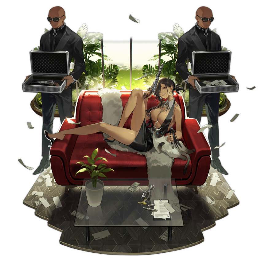 1girl 2boys bahao_diqiu black_hair black_jacket black_skirt breasts briefcase cat clipboard colt_walker colt_walker_(girls&#039;_frontline) colt_walker_(the_next_seven_days)_(girls&#039;_frontline) commentary couch cup dark-skinned_female dark-skinned_male dark_skin drinking_glass english_commentary english_text formal_clothes girls&#039;_frontline glass_table green_eyes gun hair_over_one_eye handgun highres holding holding_briefcase holding_gun holding_weapon jacket jewelry large_breasts looking_at_viewer multiple_boys necklace necklace_between_breasts official_alternate_costume on_couch plant potted_plant revolver short_hair siamese_cat sitting skirt smile spill star_(symbol) suit table transparent_background weapon wine_glass