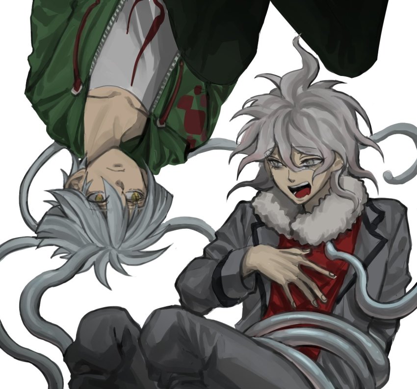 2boys ansatsu_kyoushitsu collarbone commentary_request cosplay costume_switch danganronpa_(series) danganronpa_2:_goodbye_despair doggye_(zginrwsn) feet_out_of_frame fur_collar green_jacket green_pants grey_hair grey_jacket grey_pants grey_shirt hair_between_eyes hand_on_own_chest highres horibe_itona horibe_itona_(cosplay) jacket komaeda_nagito komaeda_nagito_(cosplay) long_sleeves looking_at_another male_focus medium_hair multiple_boys open_clothes open_jacket open_mouth pants print_shirt red_shirt shirt short_hair simple_background tentacles upside-down white_background yellow_eyes