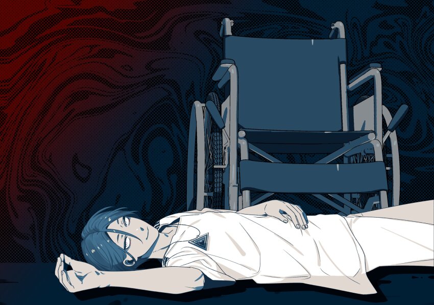 1boy blue_hair closed_mouth cowboy_shot hair_between_eyes hand_on_own_stomach highres looking_at_viewer lying maelo male_focus meguriya_ayumu panties shirt short_hair short_sleeves smile solo toshi_densetsu_kaitai_center triangle_necklace underwear wheelchair white_panties white_shirt