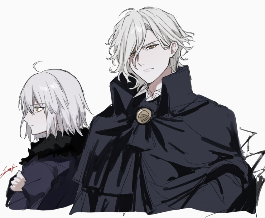 1boy 1girl ahoge black_cloak cloak commentary_request cropped_torso edmond_dantes_(fate) fate/grand_order fate_(series) from_side fur_trim grey_hair hair_over_one_eye jeanne_d&#039;arc_alter_(avenger)_(fate) jeanne_d&#039;arc_alter_(fate) jeanne_d&#039;arc_alter_(ver._shinjuku_1999)_(fate) looking_ahead looking_at_viewer medium_hair official_alternate_costume signature simple_background sumi_(gfgf_045) white_background yellow_eyes