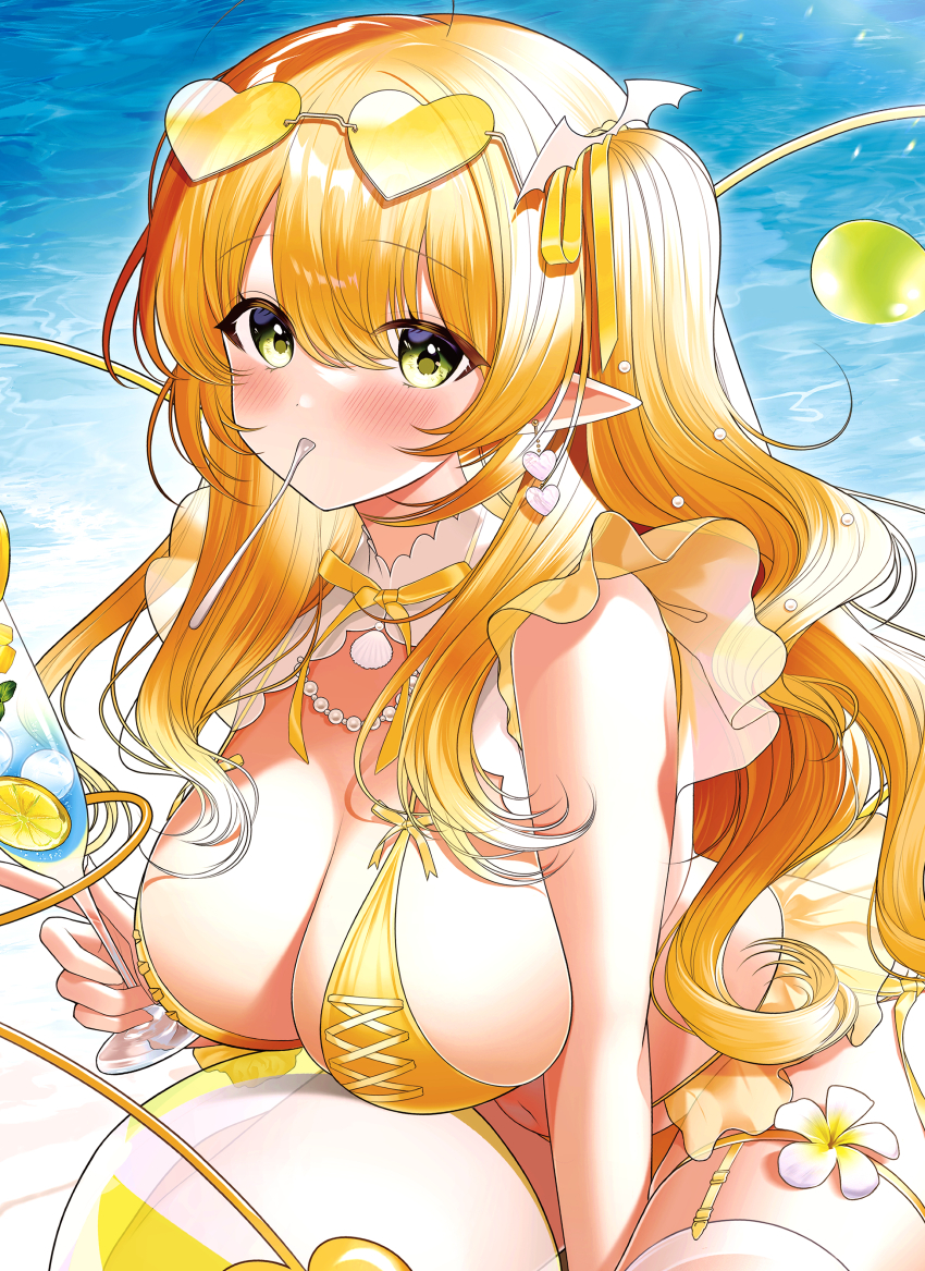 1girl absurdres ahoge ball bare_shoulders beachball bikini blonde_hair blush breasts cup day eyewear_on_head flower green_eyes hair_between_eyes hair_ribbon heart heart-shaped_eyewear highres holding holding_cup large_breasts long_hair looking_at_viewer melonbooks original outdoors pointy_ears pomu_(pomu_me) ribbon solo spoon sunglasses swimsuit tinted_eyewear two_side_up utensil_in_mouth very_long_hair water white_flower yellow-tinted_eyewear yellow_bikini yellow_ribbon