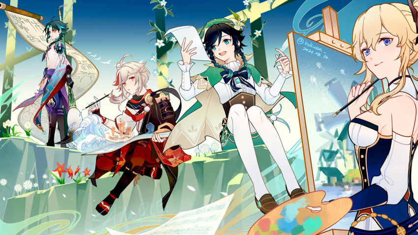 1girl 3boys antenna_hair armor bandaged_arm bandages bead_necklace beads beret blonde_hair blue_eyes blush canvas_(object) cape cecilia_flower_(genshin_impact) collared_cape commentary_request dandelion dated detached_sleeves eyeliner flower genshin_impact geta gradient_hair green_cape green_eyes green_hair green_headwear hat hat_flower highres japanese_armor japanese_clothes jean_(genshin_impact) jewelry kaedehara_kazuha loafers long_sleeves looking_at_viewer multicolored_hair multiple_boys necklace paintbrush paint_palette ponytail power_connection puffy_sleeves red_eyeliner red_eyes red_hair red_scarf rokuon sandals scarf scroll shoes sidelocks sitting smile standing streaked_hair tassel thighhighs twintails twitter_username venti_(genshin_impact) white_hair white_thighhighs wide_sleeves wind windwheel_aster_(genshin_impact) xiao_(genshin_impact) yellow_eyes