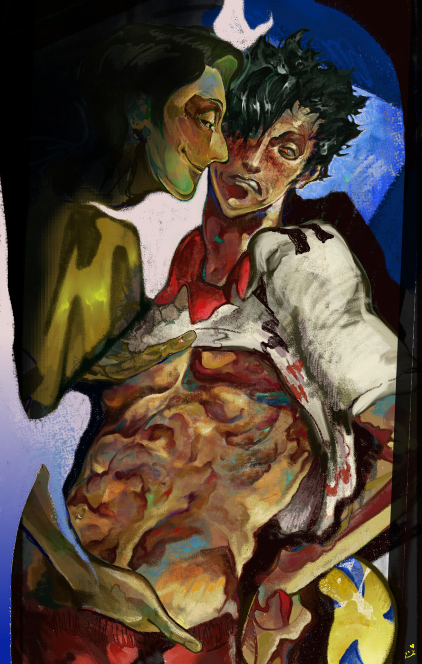 2boys abs black_hair daishou_suguru frown haikyuu!! hand_in_another&#039;s_pants highres kuroo_tetsurou lips multiple_boys painterly pectorals r4pira red_eyes shirt smile yaoi