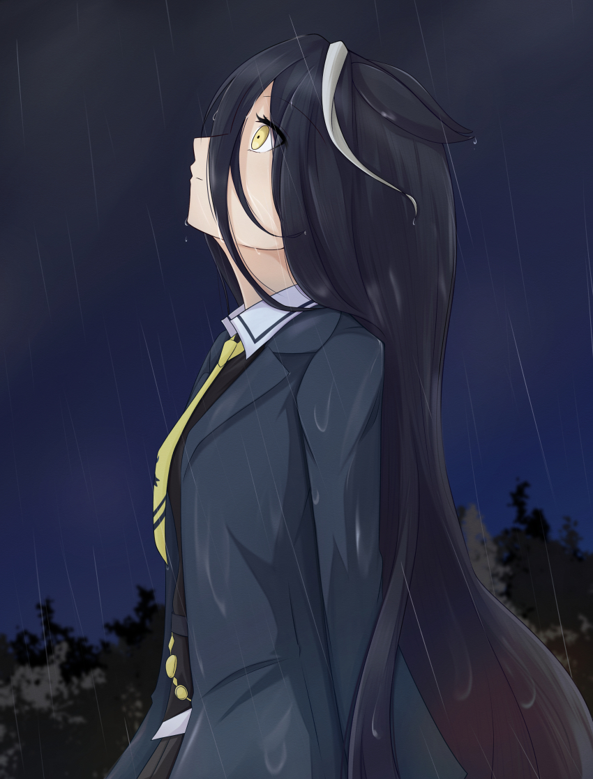 1girl absurdres ahoge animal_ears black_coat black_shirt black_skirt coat from_side hair_between_eyes highres horse_ears horse_girl long_hair looking_up manhattan_cafe_(umamusume) multicolored_hair necktie night outdoors profile rain shirt skirt solo takumitu_711 two-tone_hair umamusume wet white_hair yellow_eyes yellow_necktie