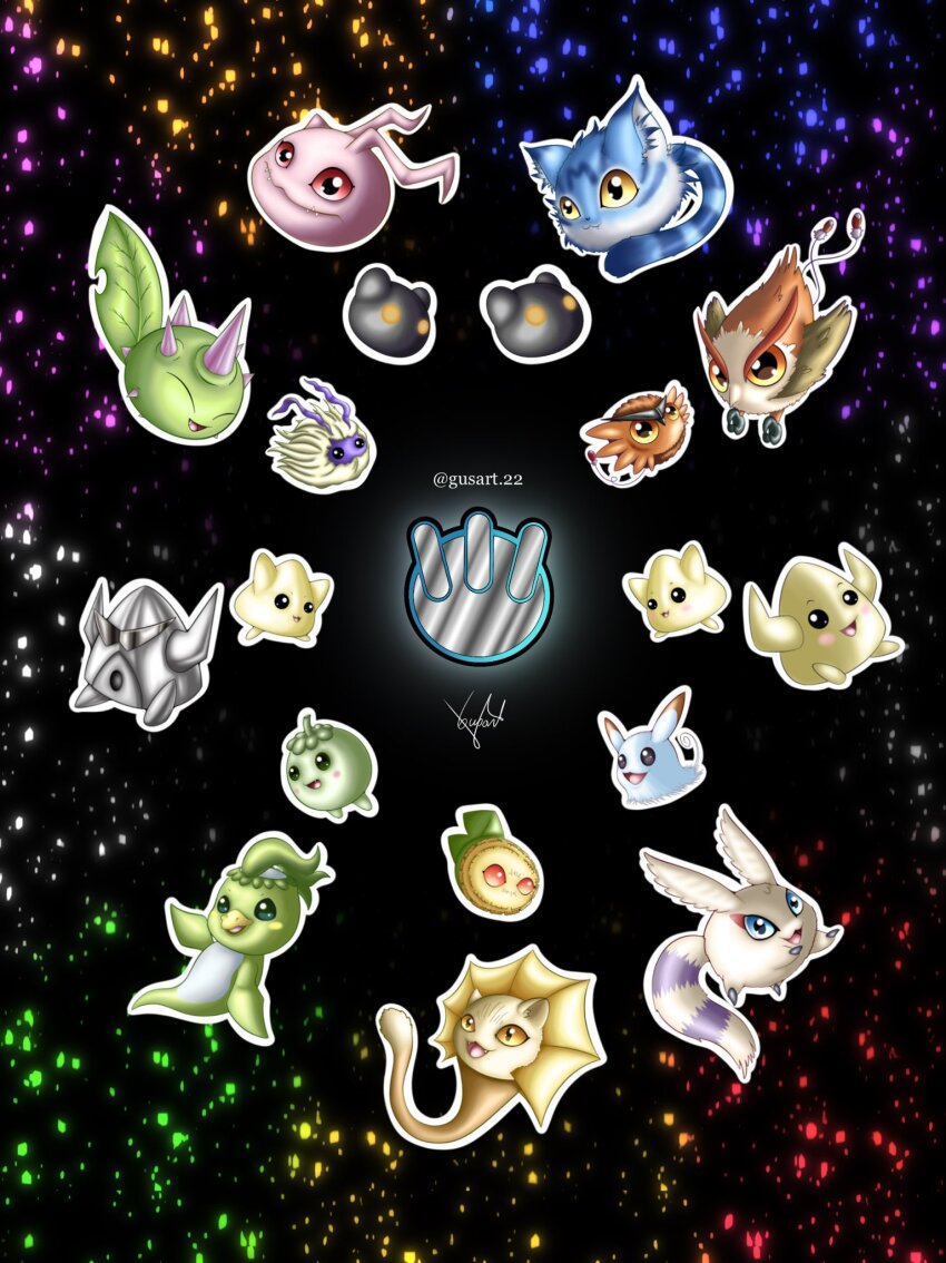 botamon budmon chapmon chibickmon digimon digimon_(creature) digimon_savers floating highres koromon kyaromon leaf long_ears pafumon pickmon pickmon_(normal) pickmon_(sunglasses) pinamon pipimon punimon puwamon silhouette solo spikes tail wanyamon wings yuramon