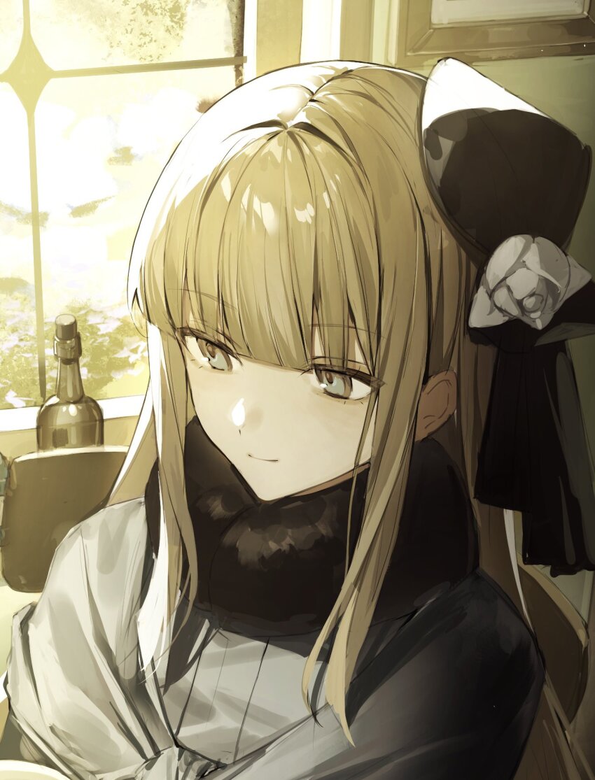 1girl blonde_hair blue_eyes bottle fate_(series) flower hat hat_flower highres long_hair lord_el-melloi_ii_case_files portrait reines_el-melloi_archisorte smile tamitami window