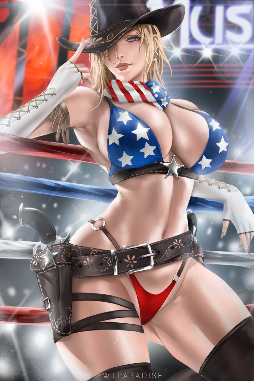 1girl american_flag american_flag_bikini american_flag_print artist_name belt bikini breasts brown_belt brown_thighhighs cleavage closed_mouth commentary cowboy_hat dead_or_alive dead_or_alive_5 fingerless_gloves flag_print gloves hat hat_over_one_eye highres holster large_breasts lips looking_at_viewer mole mole_on_breast navel print_bikini revision smile solo swimsuit thick_thighs thighhighs thighs tina_armstrong white_gloves wrestling_ring wtparadise