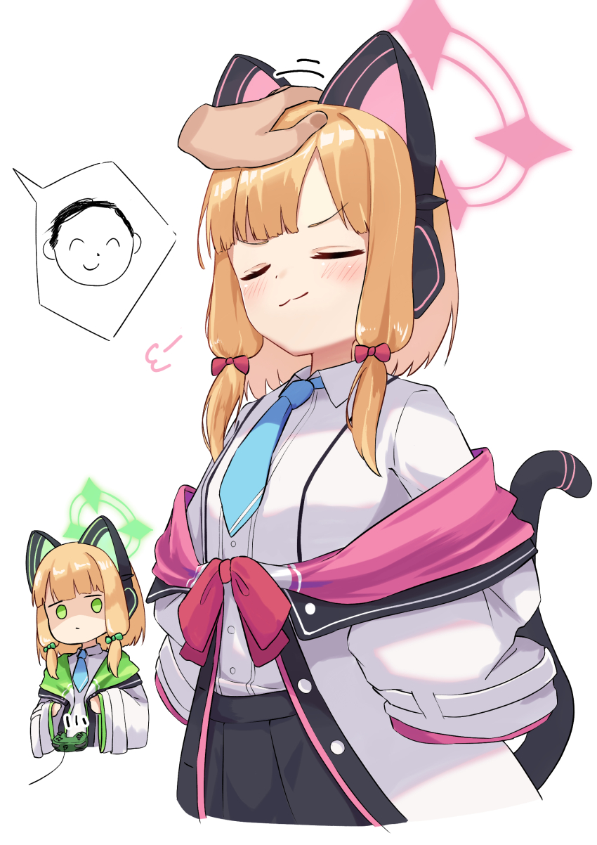 1other 2girls :3 absurdres animal_ear_headphones animal_ears black_skirt blonde_hair blue_archive blue_necktie blunt_bangs blush bow cat_ear_headphones cat_tail closed_eyes closed_mouth collared_shirt commentary controller cowboy_shot disembodied_hand doodle_sensei_(blue_archive) doyagao expressionless fake_animal_ears fake_tail game_controller green_bow green_eyes green_halo hair_bow halo hands_on_own_hips headpat headphones highres jacket jealous jitome long_sleeves looking_at_another medium_hair midori_(blue_archive) momoi_(blue_archive) motion_lines multiple_girls necktie open_clothes open_jacket osmium-76 pink_halo pleated_skirt puff_of_air red_bow school_uniform sensei_(blue_archive) shaded_face shirt siblings sidelocks simple_background sisters skirt smile smirk smug speech_bubble spoken_character tail tail_raised twins v-shaped_eyebrows white_background white_jacket white_shirt wide_sleeves