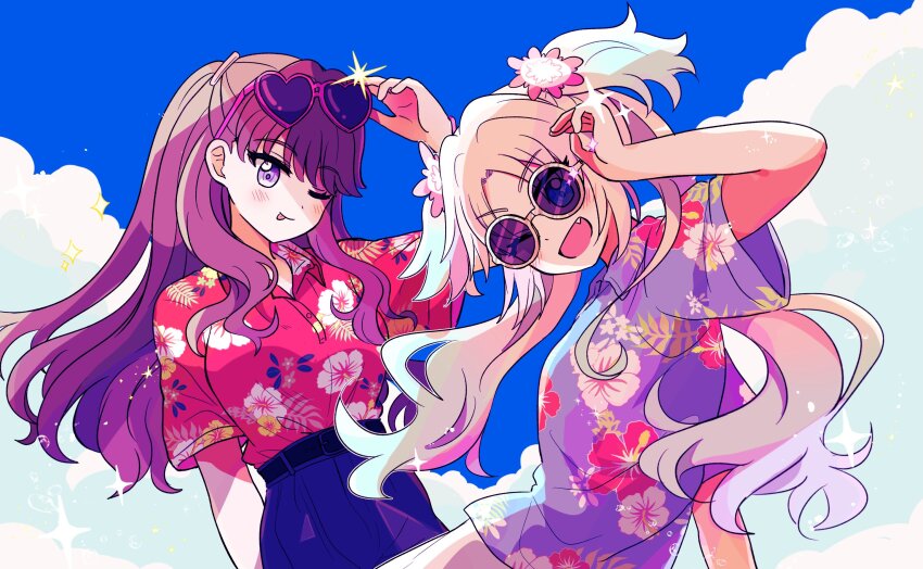 2girls ;d ;p adjusting_eyewear blonde_hair blue_eyes blue_pants blue_shirt blue_sky blush brown_hair closed_mouth cloud collared_shirt commentary fang floral_print flower fujishima_megumi glint hair_flower hair_ornament hawaiian_shirt heart heart-shaped_eyewear hibiscus_print highres link!_like!_love_live! long_hair looking_at_viewer love_live! mira-cra_park! multiple_girls one_eye_closed open_mouth osawa_rurino pants parted_bangs pink_flower pink_shirt polo_shirt purple_eyes revision round_eyewear shirt short_sleeves sky smile sparkle sunglasses tongue tongue_out twintails two_side_up virtual_youtuber watage_modoki white_pants