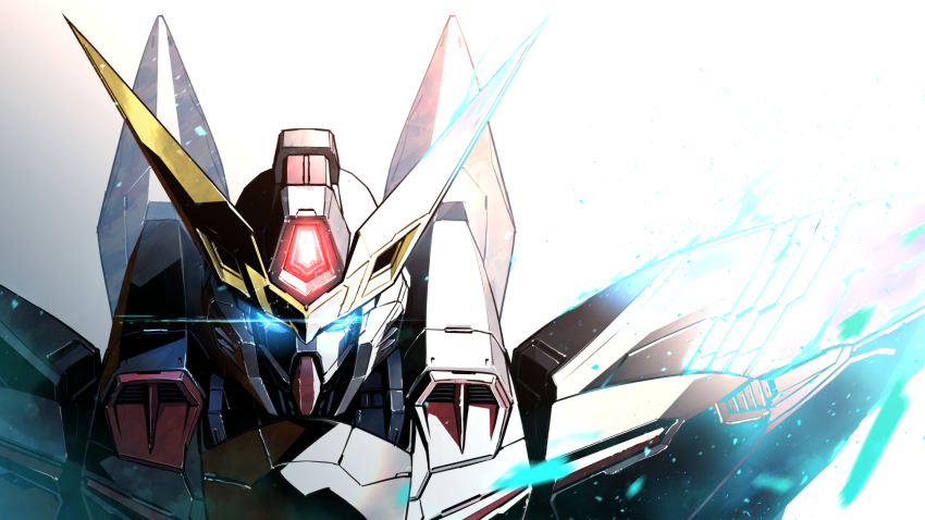 blitz_gundam blue_eyes glowing glowing_eyes gundam gundam_seed highres kuri_giepi light_particles looking_at_viewer mecha mobile_suit no_humans portrait robot science_fiction solo v-fin