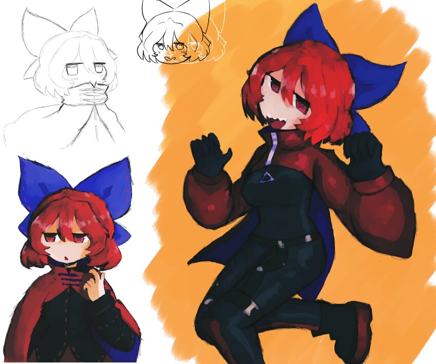 1girl absurdres akatsuki_records bad_id bad_twitter_id black_gloves blue_bow bodysuit bow cloak commentary elbow_gloves gloves hair_between_eyes hair_bow highres iesonatana inactive_account latex latex_bodysuit latex_gloves latex_legwear latex_suit long_glove long_sleeves looking_at_viewer multiple_views open_mouth red_cloak red_eyes red_hair rock_&#039;n&#039;_rock_&#039;n&#039;_beat sekibanki sharp_teeth short_hair simple_background smile teeth touhou