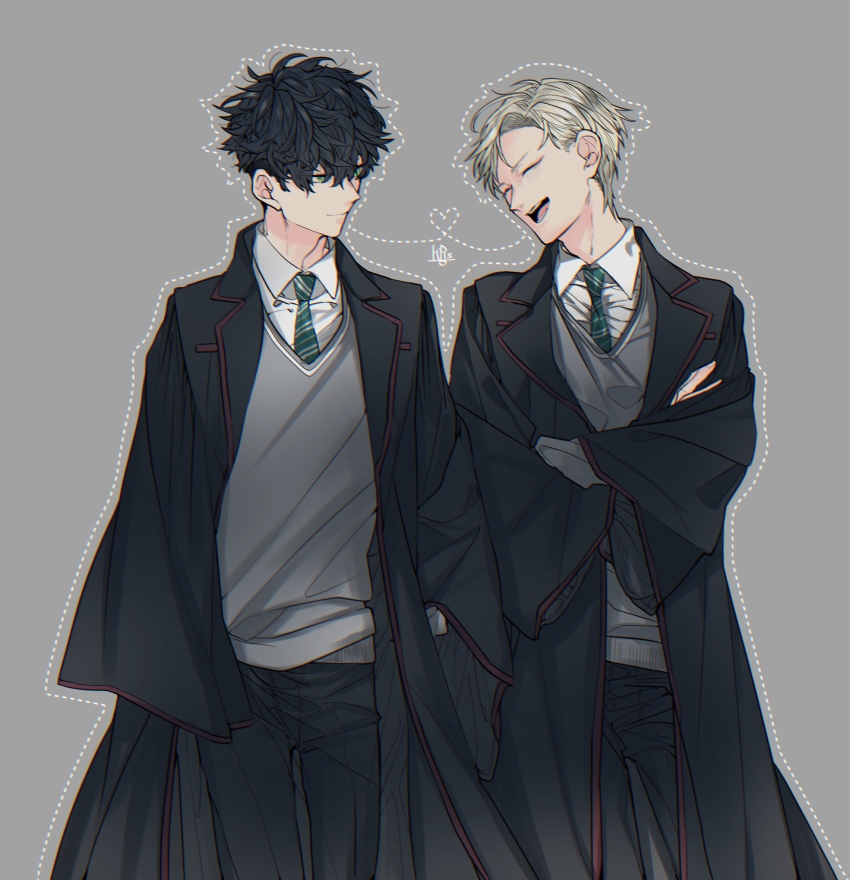 2boys albus_severus_potter black_robe blonde_hair crossed_arms harry_potter_(series) harry_potter_and_the_cursed_child highres hogwarts_school_uniform karasumaru_(xkrsmr) multiple_boys necktie robe school_uniform scorpius_malfoy short_hair slytherin smile striped_neckwear wizarding_world