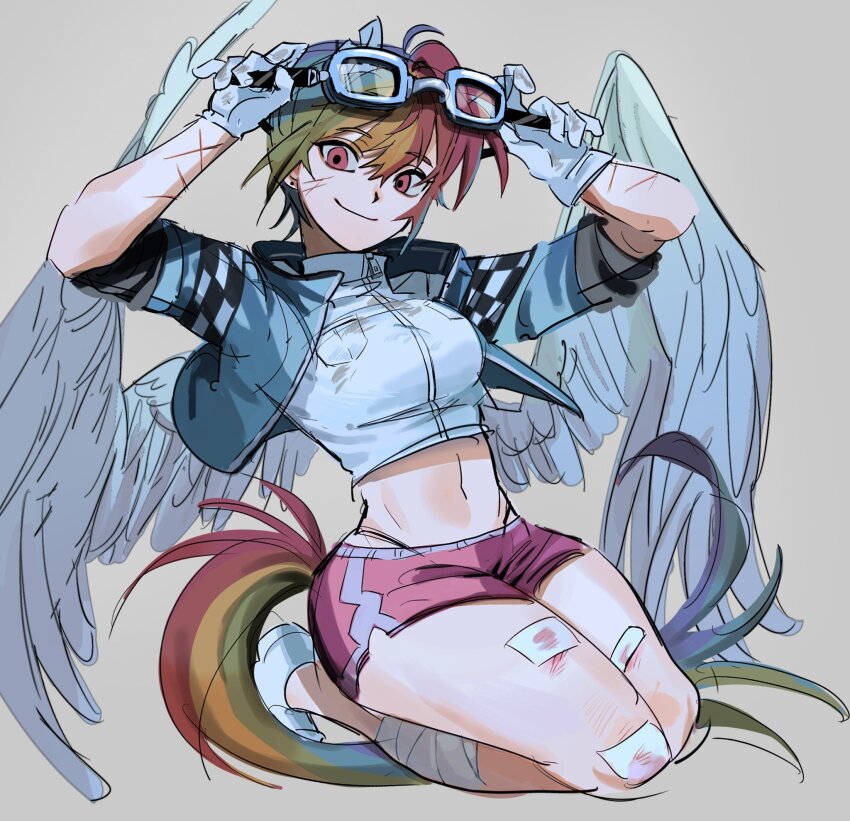 animal_ears bandages crop_top feathered_wings gloves goggles goggles_on_head highres horse_ears horse_girl horse_tail jacket memoji_7672 multicolored_hair my_little_pony my_little_pony:_friendship_is_magic open_clothes open_jacket panties panty_peek pegasus_wings rainbow_dash rainbow_hair red_eyes scrape scraped_knee scratches short_shorts shorts smile tail thong underwear wings zipper