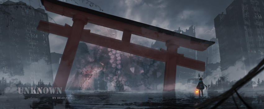 1girl absurdres amiya_(arknights) animal_ears arknights artist_name building cloud cloudy_sky commentary de4d_fish english_commentary highres holding holding_lantern lantern long_sleeves outdoors rabbit_ears ruins scenery sky solo standing torii tree watermark wide_shot