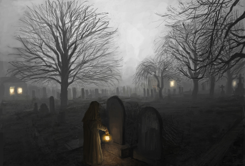 1other ambiguous_gender ame_sagari bare_tree black_cloak black_sleeves building cloak cloud cloudy_sky commentary day fantasy from_behind full_body grave graveyard holding holding_lantern hood hood_up hooded_cloak lantern long_sleeves original outdoors scenery sky tree window