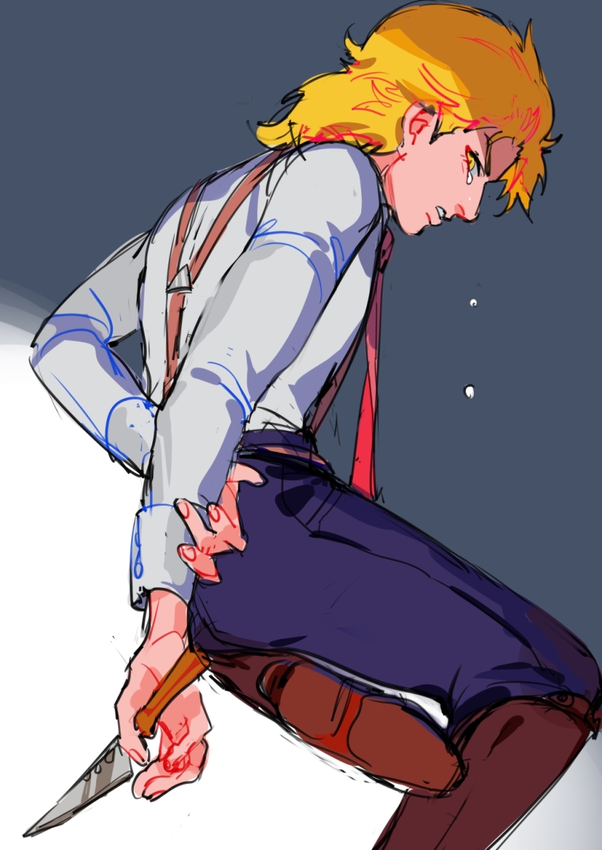 1boy aged_down blonde_hair blue_pants boots brown_boots crying dio_brando full_body glaring hand_on_own_arm highres holding holding_knife jojo_no_kimyou_na_bouken knife lighthouse_(lt_yummy) looking_at_viewer male_focus medium_hair necktie pants phantom_blood red_necktie shirt sketch suspenders white_shirt yellow_eyes