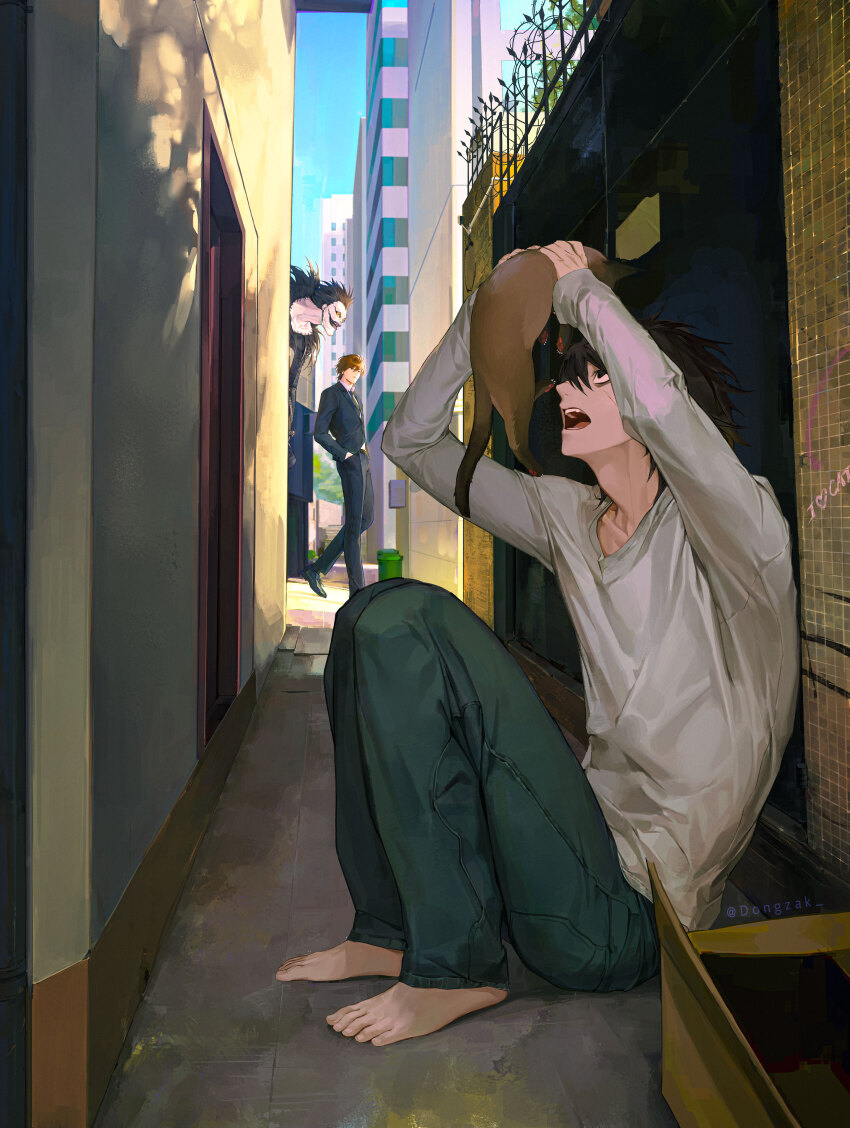 3boys absurdres animal barefoot black_eyes black_hair black_shoes black_suit box brown_hair building cardboard_box cat commentary day death_note denim dongzak_o0 formal_clothes graffiti hand_in_pocket highres holding holding_animal holding_cat jacket jeans l_(death_note) looking_at_animal looking_at_another male_focus multiple_boys outdoors pant_suit pants peeking_out red_eyes ryuk sharp_teeth shinigami shirt shoes sitting suit suit_jacket teeth twitter_username white_shirt yagami_light