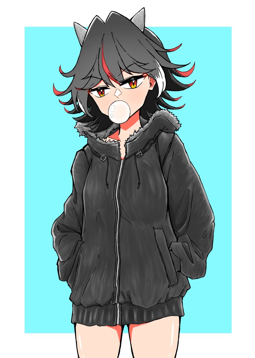 1girl absurdres alternate_costume black_hair black_jacket black_skirt blue_background chewing_gum commentary_request cowboy_shot gurajio hands_in_opposite_sleeves highres horns jacket kijin_seija multicolored_hair red_hair short_hair skirt solo streaked_hair touhou white_hair
