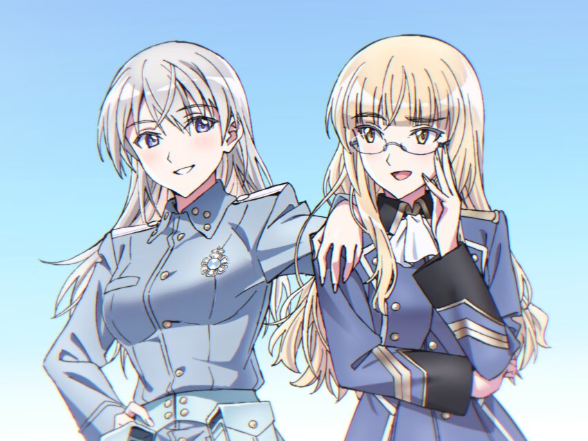 2girls blonde_hair blue_background blue_eyes blue_jacket breasts eila_ilmatar_juutilainen emblem glasses hand_on_another&#039;s_shoulder hand_on_own_cheek hand_on_own_face hand_on_own_hip highres jacket kogarashi51 long_hair looking_at_another medium_breasts military military_uniform multiple_girls neckerchief open_mouth perrine_h._clostermann simple_background smile strike_witches upper_body white_hair world_witches_series yellow_eyes