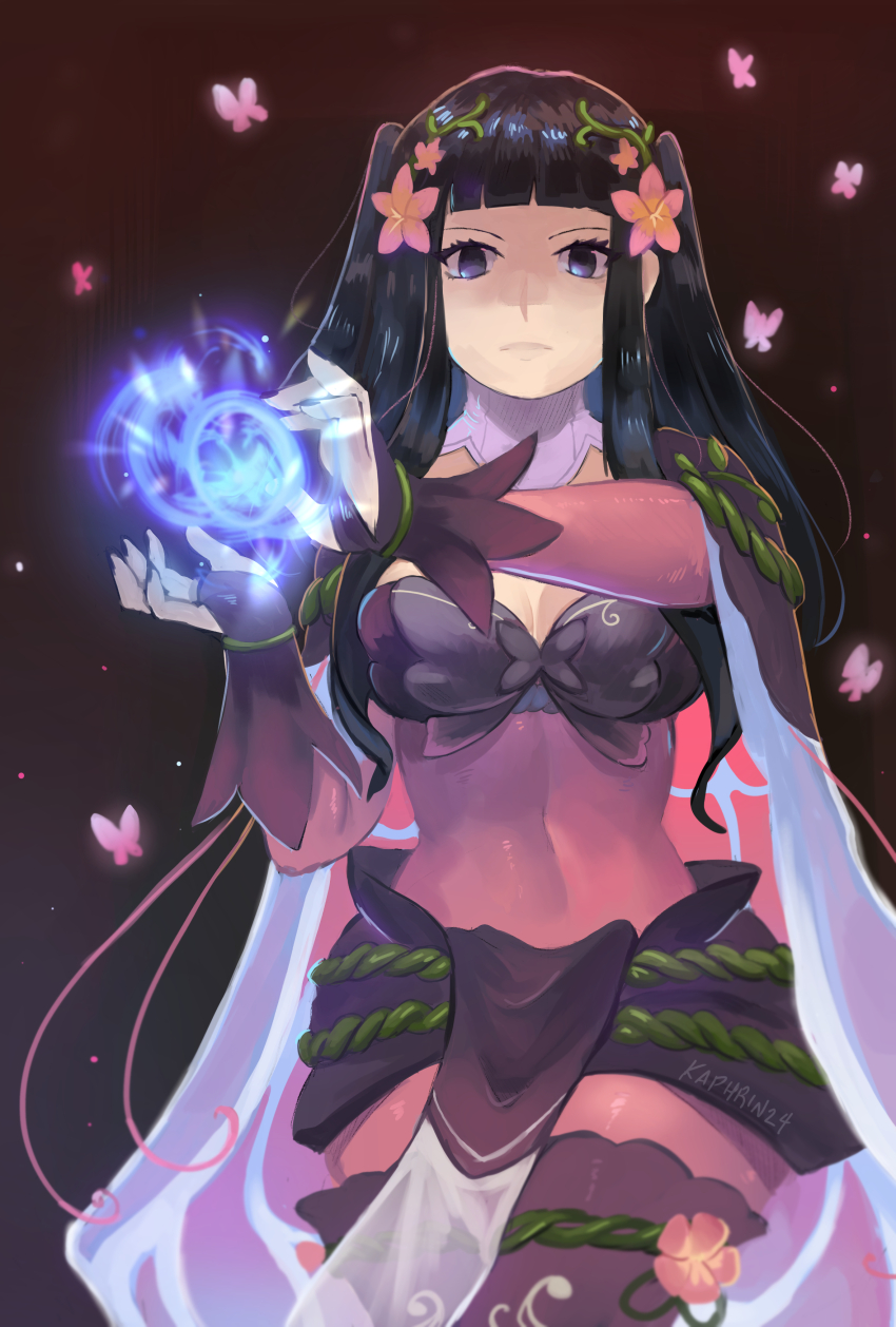 1girl absurdres black_eyes black_hair black_nails blunt_bangs bodystocking breasts bridal_gauntlets bug butterfly casting_spell commentary eyelashes fire_emblem fire_emblem_awakening fire_emblem_heroes flower highres insect kaphrin long_hair navel nintendo official_alternate_costume pelvic_curtain pink_flower solo tharja_(fire_emblem) tharja_(resplendent)_(fire_emblem) two_side_up