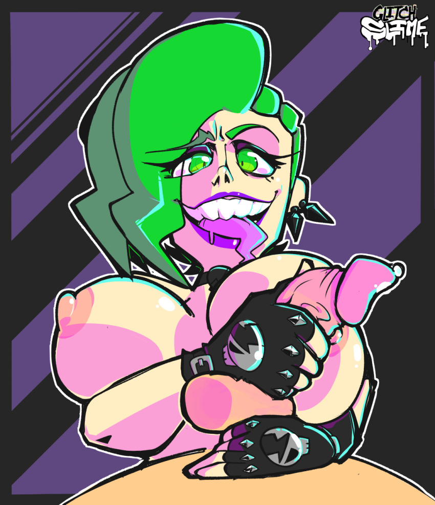 1boy 1girl arms_(game) artist_name asymmetrical_bangs black_gloves breasts choker dr._coyle earrings eyes_visible_through_hair facing_viewer fingerless_gloves glitchslime gloves green_eyes green_hair hair_over_one_eye handjob hetero highres jewelry large_breasts lipstick looking_at_viewer makeup nintendo nipples open_mouth outline penis pov precum purple_lips saliva short_hair skull_choker skull_print smile tagme teeth tongue topless_frame uncensored white_outline