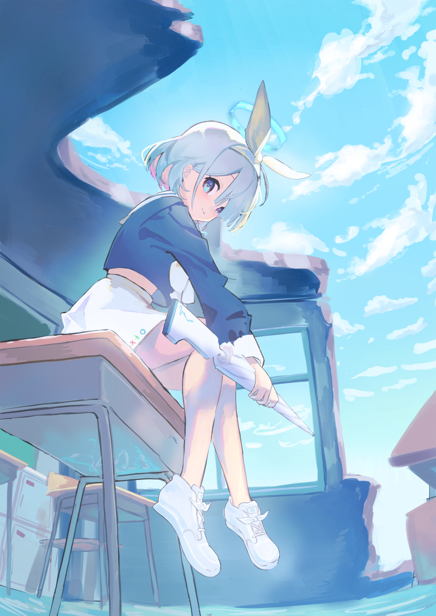 1girl absurdres arona_(blue_archive) blue_archive blue_eyes blue_hair blue_serafuku blue_shirt bow_hairband braid colored_inner_hair desk hair_over_one_eye hairband halo highres midriff_peek multicolored_hair natsuba002 pink_hair school_desk school_uniform serafuku shirt shoes short_hair single_braid skirt sneakers umbrella_gun white_footwear white_hairband white_skirt