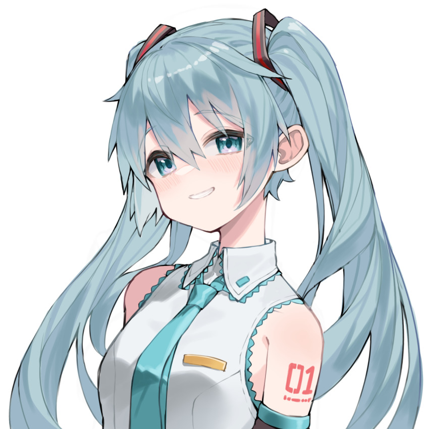 1girl bare_shoulders black_sleeves blue_hair blue_necktie blush breasts collared_shirt commentary_request detached_sleeves green_eyes grin hair_between_eyes hatsune_miku head_tilt highres long_hair looking_at_viewer necktie scarlet23i0 shirt simple_background sleeveless sleeveless_shirt small_breasts smile solo twintails upper_body very_long_hair vocaloid white_background white_shirt