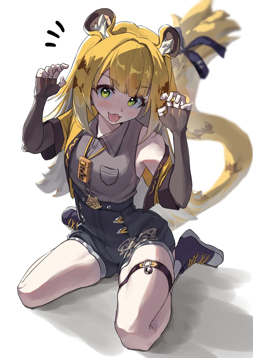 1girl absurdres animal_ear_fluff animal_ears black_gloves bow collared_shirt elbow_gloves fingerless_gloves gloves green_eyes grey_shirt high-waist_shorts highres jacket ju_fufu loli open_mouth orange_fur shirt shorts simple_background sitting smile striped_fur tail tail_bow tail_ornament thigh_strap tiger_ears tiger_girl tiger_stripes tiger_tail tora_(kumo_sakamoto) wariza yellow_jacket zenless_zone_zero