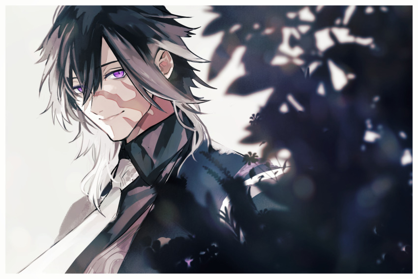1boy black_hair black_shirt blurry blurry_foreground bokeh border burn_scar closed_mouth collared_shirt depth_of_field facial_scar fuku-ro gradient_hair grey_background hair_between_eyes jikkyuu_mitsutada looking_at_viewer male_focus medium_hair multicolored_hair necktie plant purple_eyes scar scar_on_cheek scar_on_face scar_on_neck shirt simple_background smile solo touken_ranbu two-tone_hair upper_body white_border white_hair white_necktie wing_collar